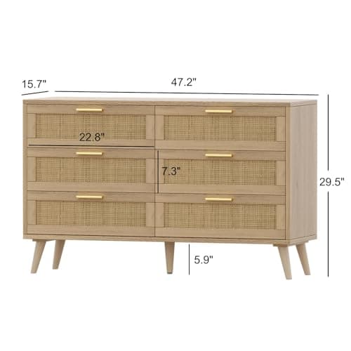 Rovaurx 6 Drawer Double Dresser for Bedroom, Rattan Chest of Dressers, Modern Wooden Dresser Chest with Golden Handles, Beside Table for Closet, Living Room and Entryway, Natural