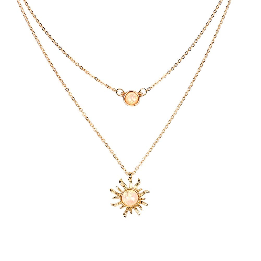 Sun and Moon Layered Necklaces for Women Gold Plated Double Chain Moon and Sun Sunflower Opal Pendant Choker Necklaces Boho Multilayer Simple Jewelry Necklace for Women Girls Gifts