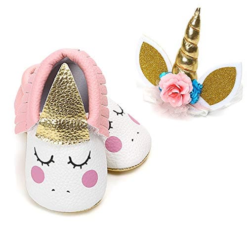 Baby Boys Girls Mary Jane Shoes with Unicorn Headband Soft Sole Non-Slip Toddler Party Dress Shoes