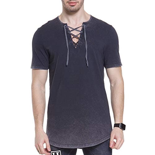 Hipster Men T-Shirt Hip Hop Muscle Lace Up Longline Distressed V Neck Long Hem