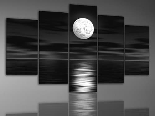 Zartsy 100% Hand Painted Abstract Landscape Black Sea White Full Moon Night Artwork Home Wall Decor Art Oil Paintings on Canvas with Stretched Wood Frame Large Oversized
