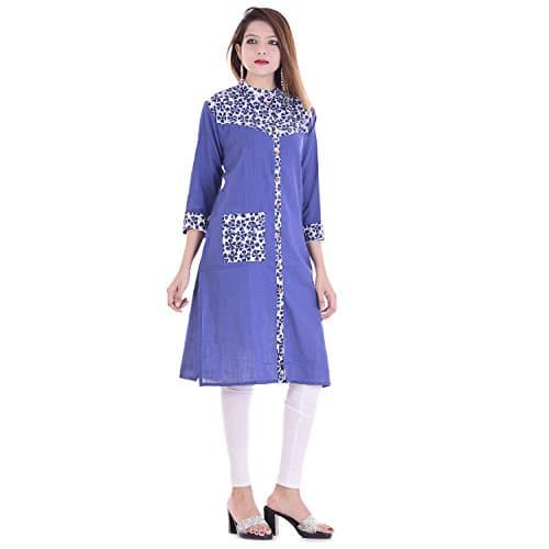ChichiIndian Women's Plain With Printed Border cotton Kurti Blue Top By Chichi