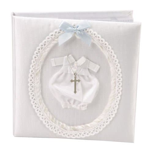 Ivory Fabric Boys Christening Day Photo Album with 3D outfit & Cross