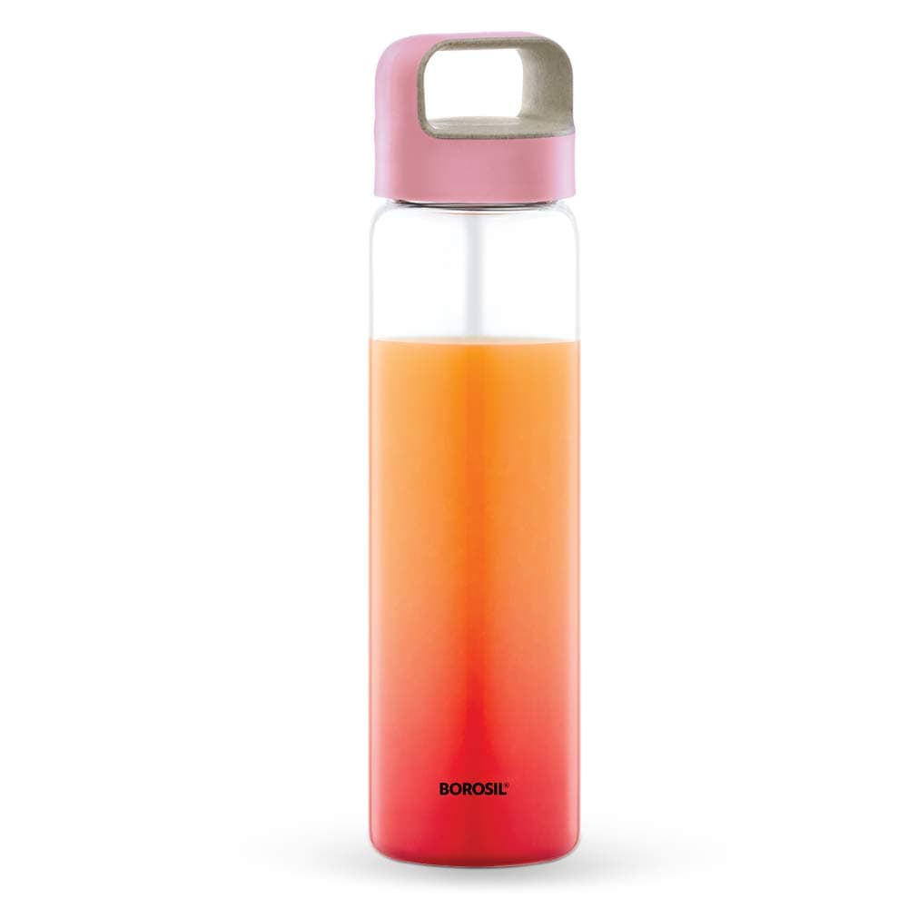 Borosil Crysto Glass Water Bottle|Fridge Bottle|Sports Bottle|Yoga Bottle|Outdoor|Picnic|Easy to Carry|Leak Proof|Resusable Pink Lid and Handle,750 ML Transparent|Clear| See Through