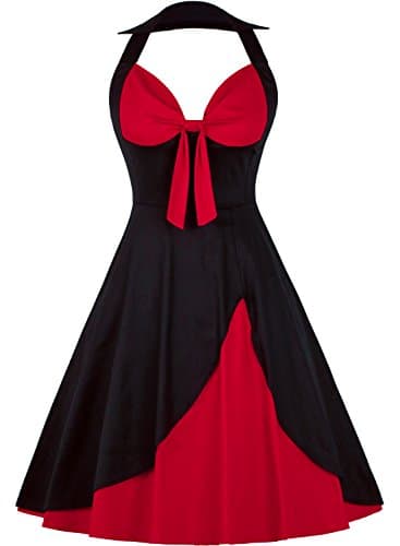 OLADY Women's Vintage 1950s Halter Floral Rockabilly Audrey Cocktail Swing Dress, Black/Red, Medium