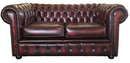 Chesterfield 2 Seater Sofa – Genuine Leather Antique Oxblood Red – Handcrafted UK Made Couch – Deep Buttoned Scroll Arms – Mahogany Wood Feet – Classic British Vintage Style