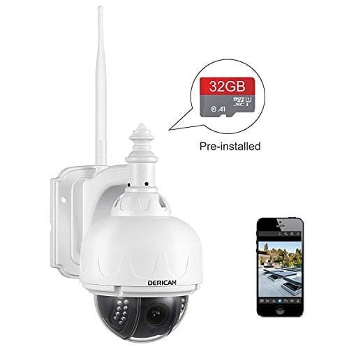 Dericam Outdoor Wireless Security Camera, PTZ Camera, 4X Optical Zoom, Auto-Focus, 1.3 Megapixel, Pre-Installed 32GB Memory Card, S1-32G2, White.