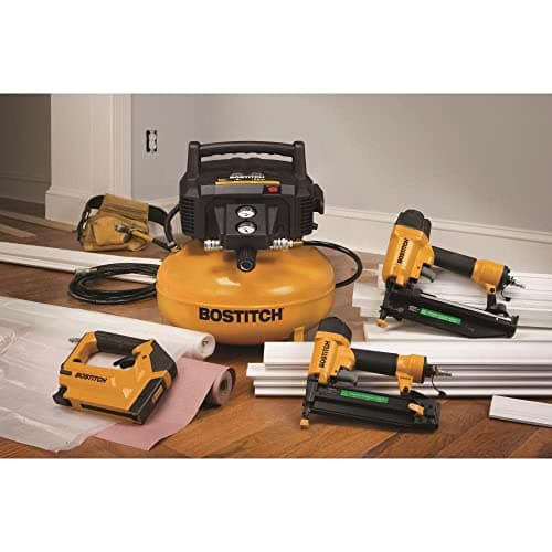 Bostitch 6 Gallon Pancake Air Compressor 150 Max PSI and 2.6 CFM @ 90 PSI and Two Nailer Combo Kit with 18 Gauge Brad Nailer and 16 Gauge Finish Nailer