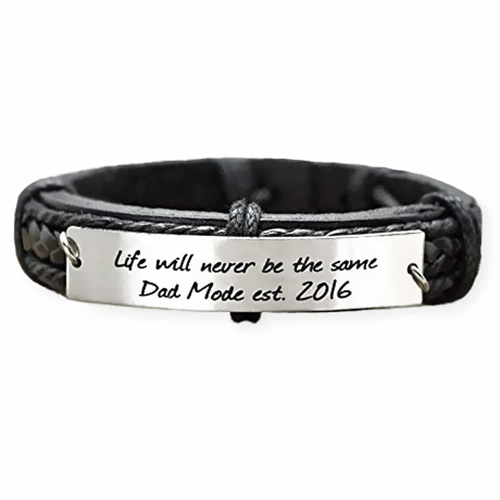 New Dad Gift, Mens Personalized Leather Bracelet, Baby Birth Date Engraved, Stainless Steel Black Leather Cuff, Fathers Day KeepSake