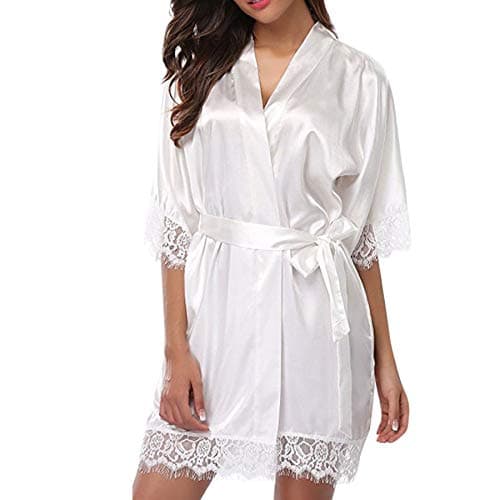 Women's Lace Trim Kimono Robe Nightwear Nightgown Sleepwear Satin Short Robe Bridesmaid Bride Robe (White, S)