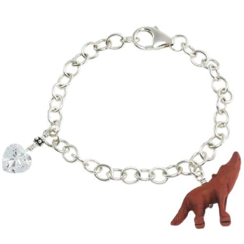 Sterling Silver Cubic Zirconia Heart and Wood Howling Wolf Vampire Charm Bracelet