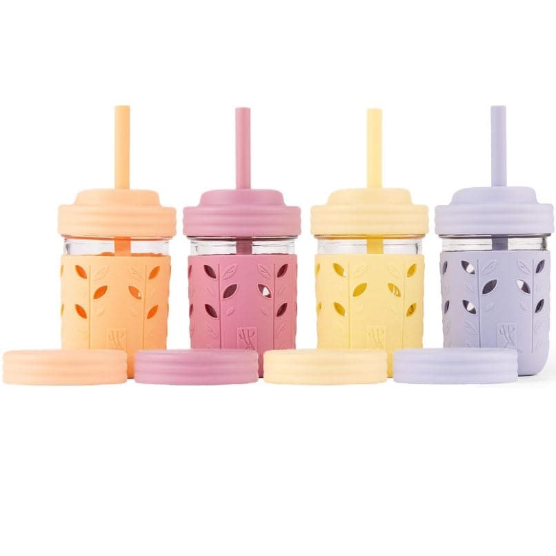 Elk and Friends Kids & Toddler Cups, The Original Glass Mason Jars 8 oz with Silicone Sleeves & Silicone Straws with Stoppers, Smoothie Cups, Spill Proof Sippy Cups for Toddlers