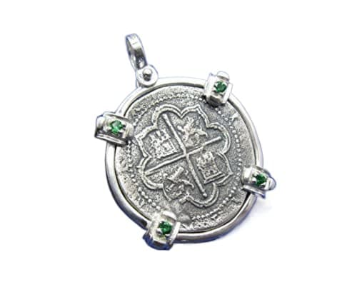 Sterling Silver Round "4 Reale" Reproduction Spanish Atocha Shipwreck Pirate Coin Pendant with Green Stone Emerald Bezel