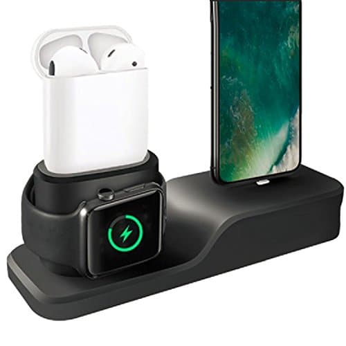 Apple Watch Stand,3 in 1 Silicone Airpods Charging Stand/Charging Dock Holder/Apple Watch Charging Station Compatible with Apple Airpods/All Series Watch/iPhone X/8/8 Plus/7/7 Plus/6s Plus - Black