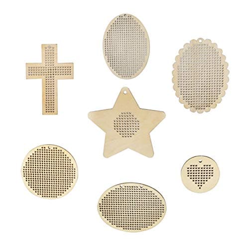 Embroidery Chips, Misscrafts 7Pcs Wooden Cross Stitch Plate Wooden Discs with Holes Mini Embroidery Template for DIY Crafts Wedding Decor Hanging Ornament 7 Sizes