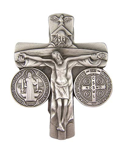 Silver-Toned Catholic Religious Crucifix with Saint Benedict Medal Auto Visor Accessories, 2 1/2 Inch