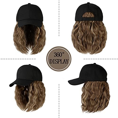 Qlenkay Baseball Cap with Hair Extensions 14inch Wavy Curly Bob Hairstyle Adjustable Wig Hat Attached Synthetic Hairpiece for Woman Light Brown Mix Ash Blonde