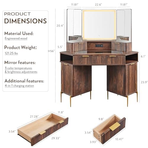 T4TREAM 48" Fluted Makeup Vanity Desk with HD Triple Mirror and Lights, Large Lighted Corner Vanity with Glass Top, Modern Dressing Table with 3 Drawers & 2 Cabinets for Bedroom, Walnut