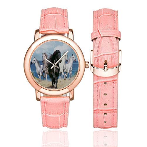 Horses Running Pattern Women's Rose Gold Leather Strap Watch