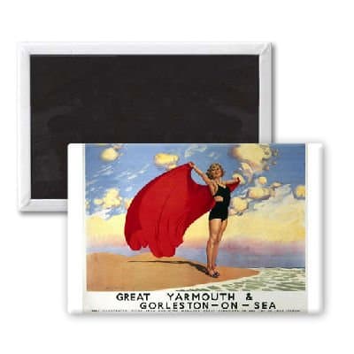 WormArt Great Yarmouth Girl with Red Blanket - 3x2 inch Fridge Magnet - large magnetic button