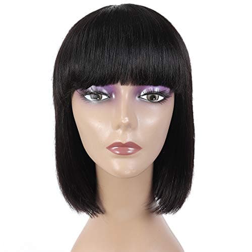 VRBest Human Hair Wigs with Bangs Brazilian Straight Short BoB Wigs None Lace Front Wigs Human Hair Glueless Machine Made Bob Wigs for Black Women Natural Black Color 6 Inch