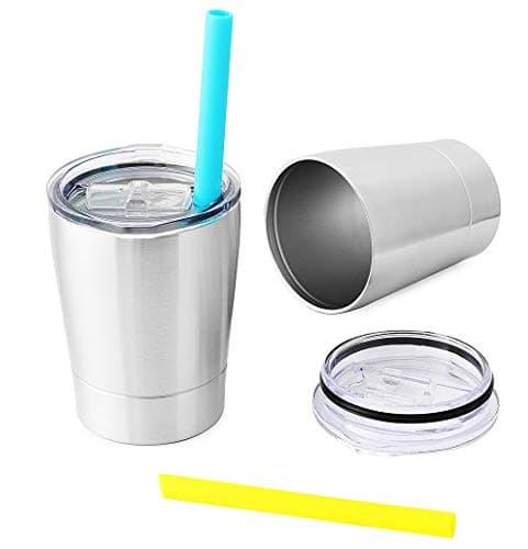 Small Cute Kids Cups 2 Pack, Stainless Steel Kid Tumbler with Lid and Straw, Double Wall Vacuum Insulated Toddler Sippy Cups, Children Smoothie Drinking Cup - Silver