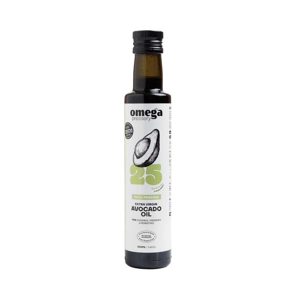 Omega Pressery Premium Extra Virgin Avocado Oil for Cooking - 250ml | Cold Pressed, Unblended, Unrefined | High Smoke Point 240°C | 3 Star Great Taste Award | Light Frying, Roasting, Baking & Dressing