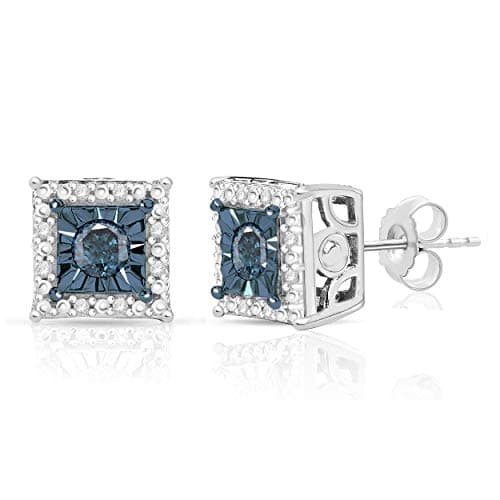 Color Diamond Halo Stud Earrings for Women in Sterling Silver (Color I-J / Clarity I2-I3)