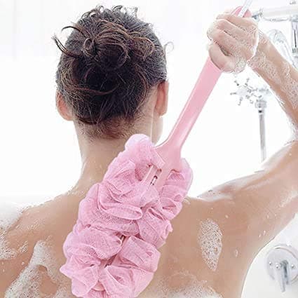 Veewon Long Handle Bath Brush Back Scrubber Shower Body Brushes Sponge Hanging Soft Mesh (Beige)