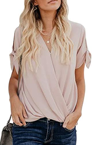 Womens Casual Short Sleeve Tops Summer Wrap V Neck Chiffon Blouses Loose Fit Shirts