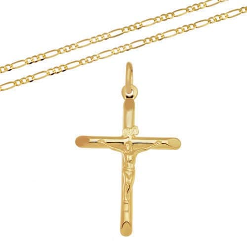 Yellow Gold Figaro Chain Necklace with Cross Jesus Pendant 333 8kt
