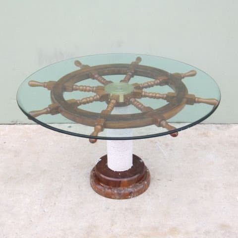 REAL SIMPLE...A HANDTOOLED HANDCRAFTED HARDWOOD & GLASS SHIP'S WHEEL TABLE!!