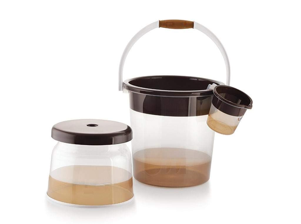 Liza Plastic Deluxe Bathroom Set Bucket 21l Mug Stool (Set of 3, Brown, Rio)