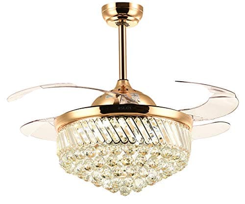 NOXARTE 42 Inch Promote Natural Ventilation Crystal Invisible Fan LED Dimmable (Warm/Daylight/Cool White) Chandelier Foldable Gold Ceiling Fans with Lights Retractable Fan Fandelier with Remote