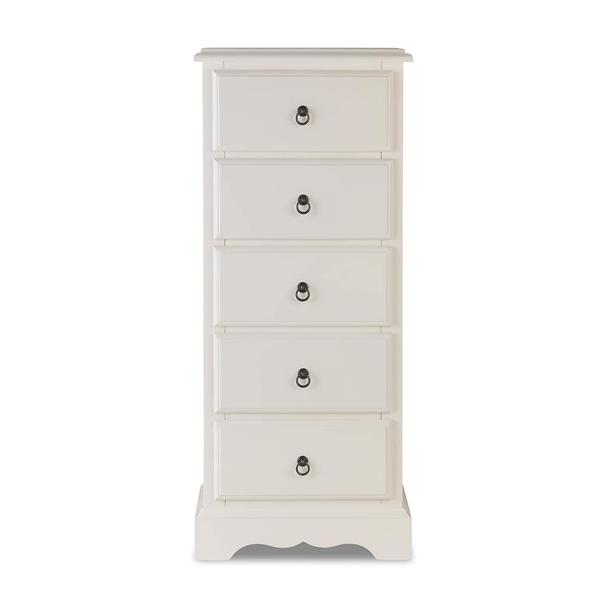 Romance 5 Drawer Tallboy, Antique White Narrow Chest of drawers, FULLY ASSEMBLED