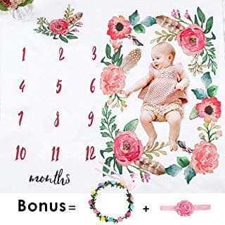 Baby Monthly Milestone Blanket, Floral Photography Backdrop Blanket for Newborn Girl Personalized Growth Backdrop Memory Blanket Photo Prop, Bonus Headband and Frame