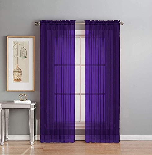 2 Piece Fully Stitched Sheer Voile Window Panel Curtain Drape Set (84" Long, Purple)