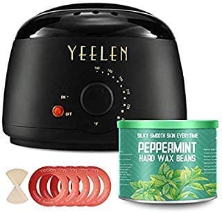 【Peppermint Essential Oil】Yeelen Wax Warmer Hair Removal Waxing Kit with 10.58oz Essential Oil Hard Wax Beans, 10 Wax Applicator Spatulas and 5 Wax Collars for Body, Face, Legs, Bikini Area
