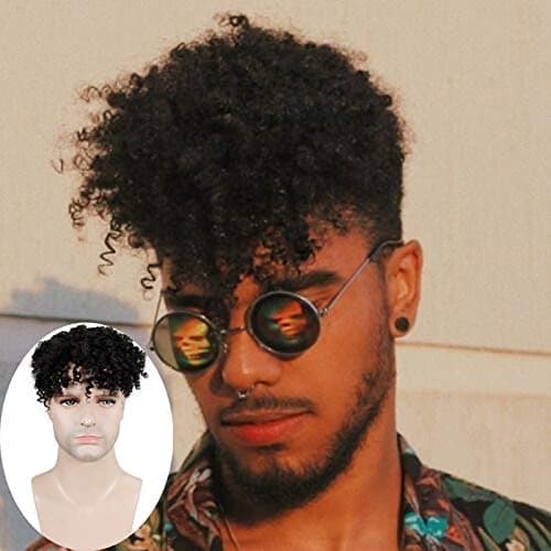 Toupee for Man Europen Human Hair Replacement Systems Men Hairpiece Mono Lace with PU Around Small Curly Wig (Natural Black Color, 10"x8")