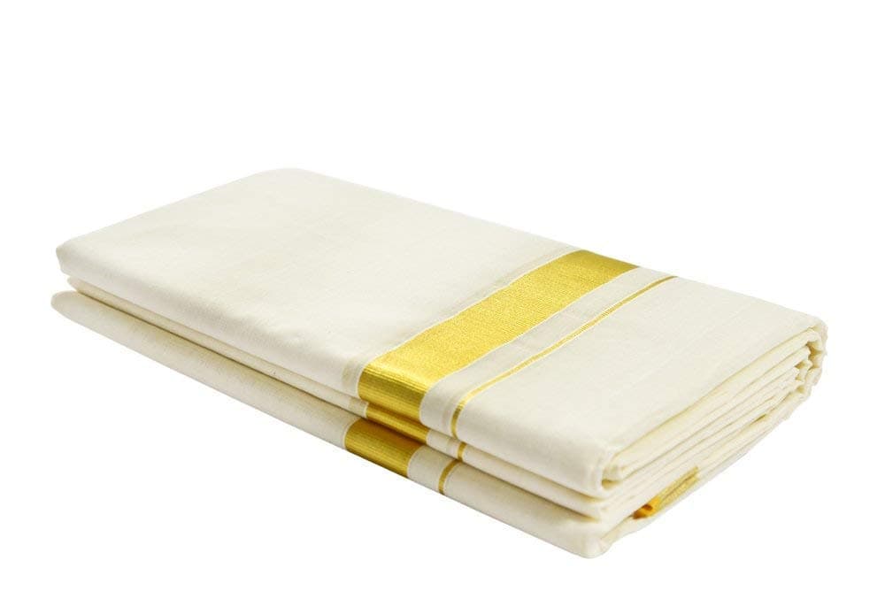 Men's Cotton Kasavu Kerala Double Mundu Casual Style Dhoti (Cream, Free Size), White