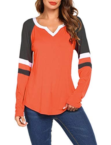 SweetnightLong Sleeve T Shirts for Women V Neck Loose Fit Cotton Raglan Baseball Tee Shirt