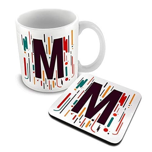alDivo Alphabet Designed Letter M Printed Combo Gift Pack of Ceramic Coffee Mug 330 ml + Printed Coaster