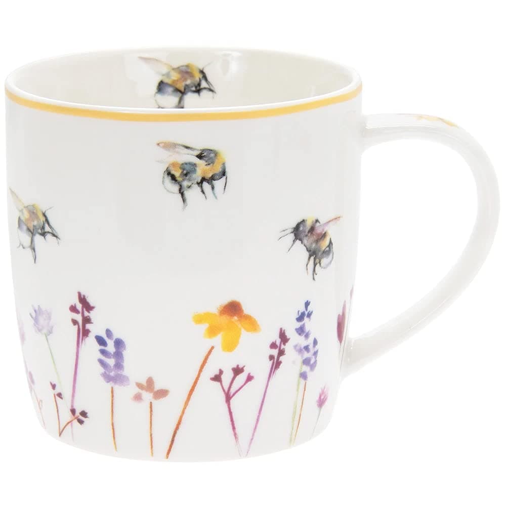 Tea Coffee Mug Pretty White Floral Water Colour Busy Bees Design by Jennifer Rose Gallery Boxed