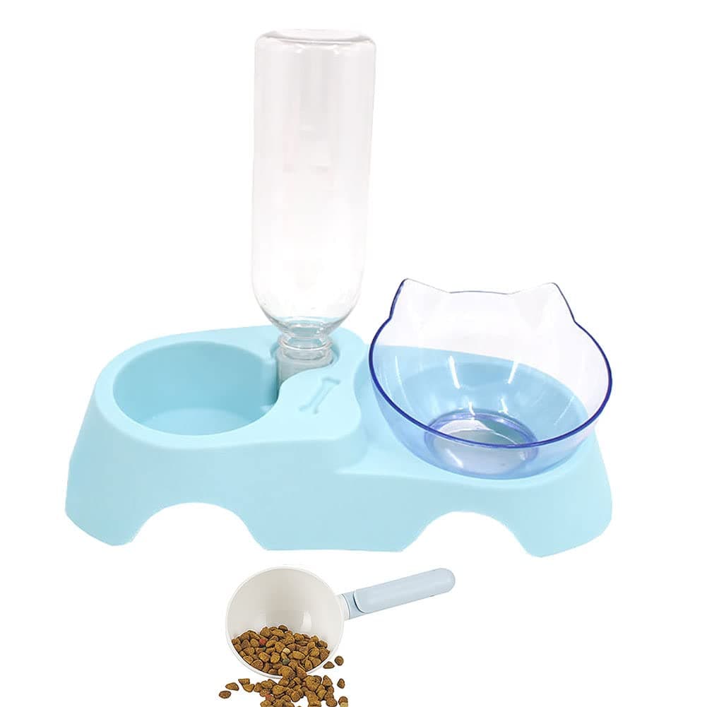 Double Dog Cat Bowls Anti Vomiting, Elevated Cat Food Water Bowls with 15° Tilted Raised Stand and Automatic Water Dispenser Bottle Pet Feeder Bowl for Cats and Small Dogs
