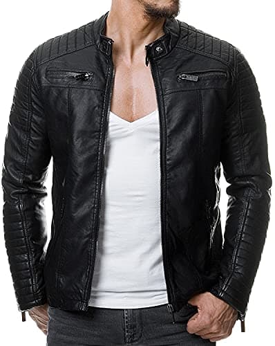 RED BRIDGE Men's Jacket Slim-Fit Casual Faux Leather Cotton Biker Modern Coats
