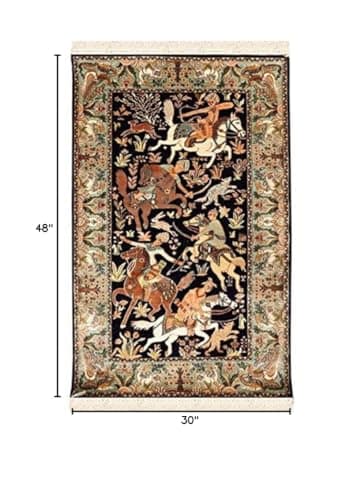 Kashmir Designs 2.5'x4' Navy Pure Silk Rug Hunting Scene Rugs Wall Art Wallhanging Hand Knotted