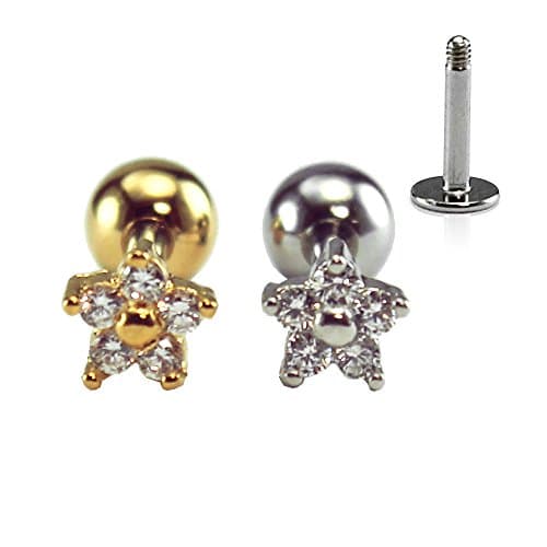 HiUnni16g Mini Dainty Flower Cartilage Earring, Helix Earring, Conch Earring, Tragus Ear Stud, labret Stud, Piercing Barbell, Surgical Steel, 1pc (Silver, Labret(Flat Back)-1/4"(6mm))