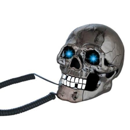 Althemax Black Scary Cool Skull Skeleton Shaped Telephone Land Fixed Line Desk Wired Corded Phone with Blue Led Flashing Eyes Punk Gothic Creative Funny Home Office Decoration Gifts