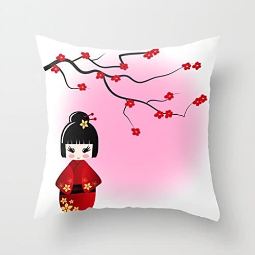 Japanese kokeshi doll at sakura blossoms Pillow Case by Pixxart cute 1818 inches