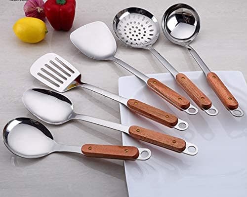 Sponsored Ad - 6 Piece Kitchen Cooking Stainless Steel Utensils Set Wooden Handle Cooking Tools Gadgets Spatula Set with Hook,Shovel,Slotted Turner,Slotted Skimmer,Ladle,Rice Spoon and Cooking Spoon